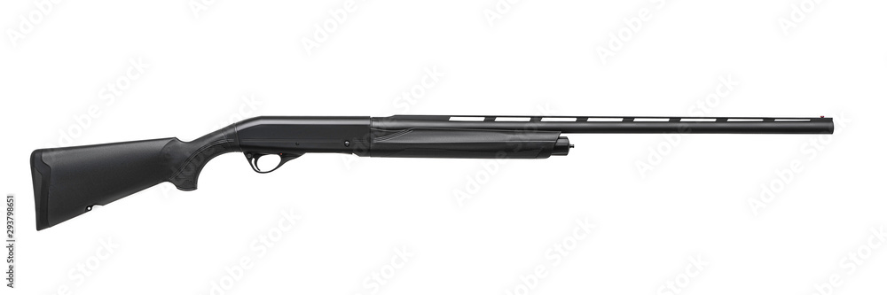 Modern semi-automatic left-handed shotgun isolate on white background. Modern weapons on a light background. Modern semi-automatic left-handed shotgun isolate on white background. Modern weapons on a light background.