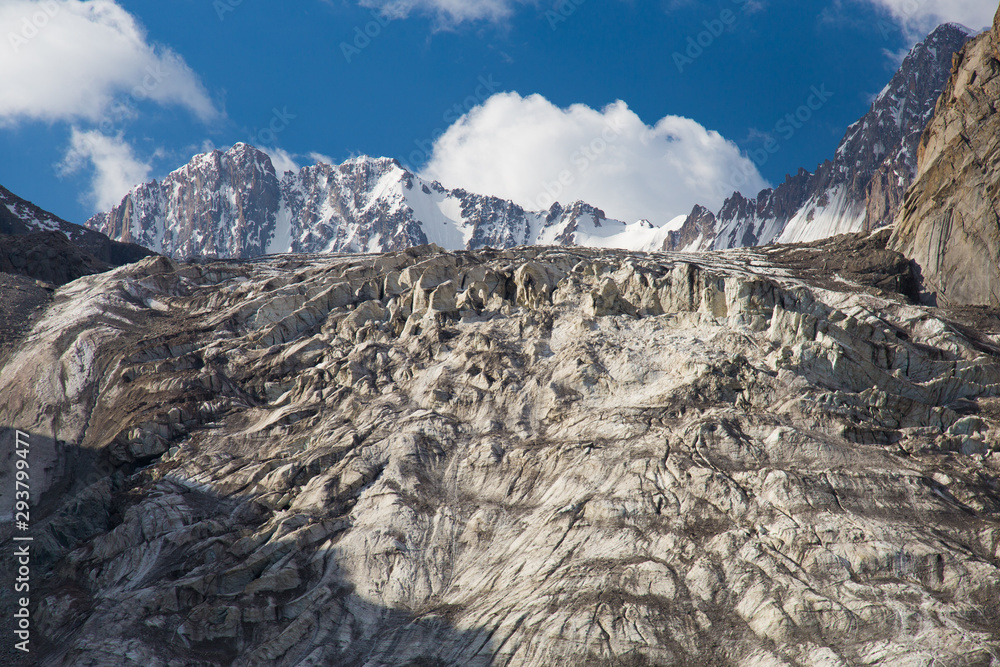 Glacier Aksay in Mountains of Tian Shan range in Kyrgyzstan