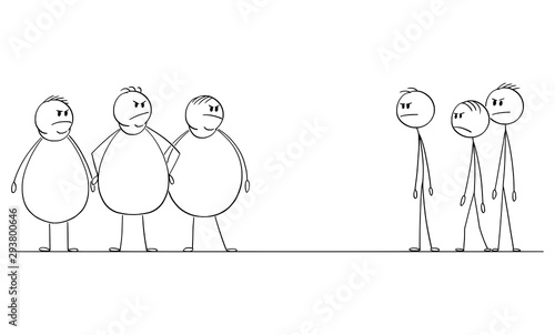 Vector cartoon stick figure drawing conceptual illustration of group of thin men looking at crowd of angry fat or obese people.