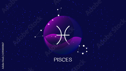 Pisces sign, zodiac background.Beautiful and simple illustration of night, starry sky with pisces zodiac constellation behind glass sphere with encapsulated pisces sign and constellation name.  photo