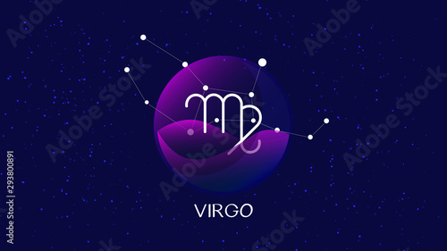 Virgo sign, zodiac background. Beautiful and simple illustration of night, starry sky with virgo zodiac constellation behind glass sphere with encapsulated virgo sign and constellation name.  photo
