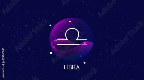 Libra sign, zodiac background. Beautiful and simple illustration of night, starry sky with libra zodiac constellation behind glass sphere with encapsulated libra sign and constellation name. 