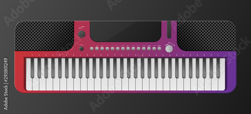 Elecronic piano isolated on dark background. Keyboard piano musical instruments. Music synthesizer. Cute gradient style.
