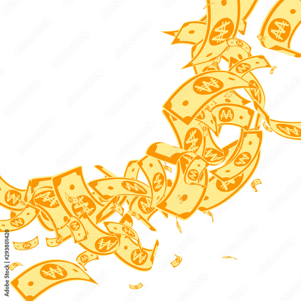 Korean won notes falling. Messy WON bills on white Korean won notes falling. Messy WON bills on white