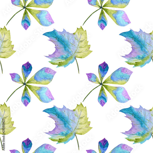 Seamless pattern Watercolor Bright Autumn leaves. Green, blue and purple colors Hand Drawn Autumn leaf on a white background. Paper, fabric texture. Greeting card Poster concept © Svetlana