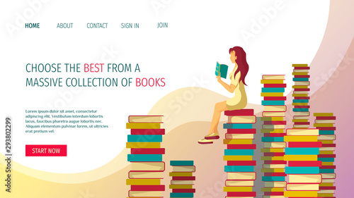 Web page design for bookstore, e-library, book lovers. Piles of books and Woman reading book. Vector illustration for poster, banner and website development.