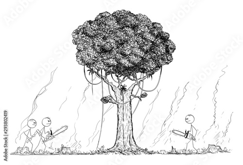 Vector cartoon stick figure drawing conceptual illustration of group of lumberjacks going to cut or chop down the last remaining tree from rain forest. Climate and nature preservation concept.