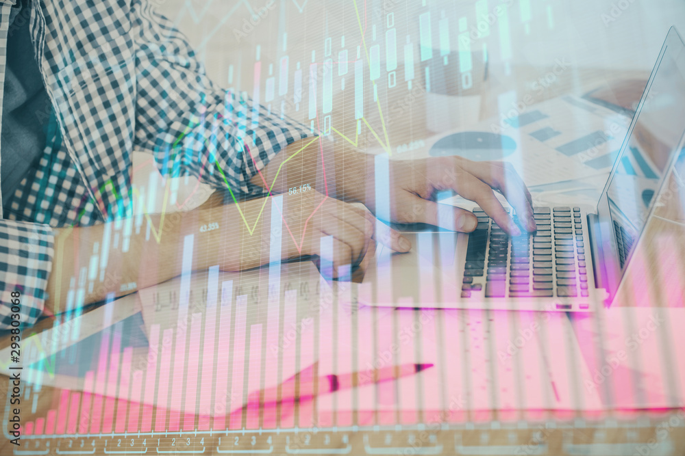 Multi exposure of stock market chart with man working on computer on background. Concept of financial analysis. Multi exposure of stock market chart with man working on computer on background. Concept of financial analysis.