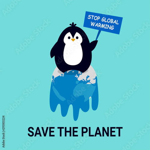 Global warming. Penguin on a melting planet