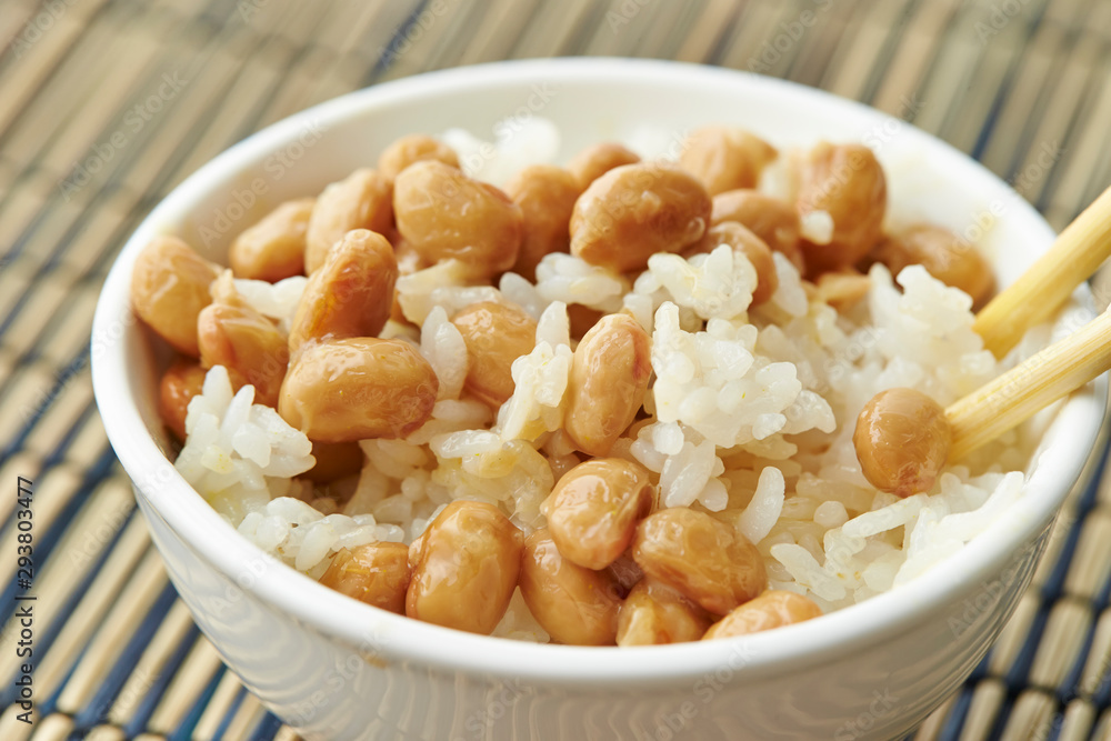 Natto, fermented soy beans with steamed rice Natto, fermented soy beans with steamed rice