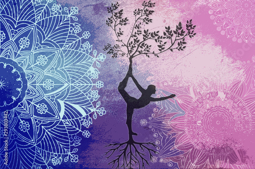 abstract background mandalas with silhouette of a girl tree