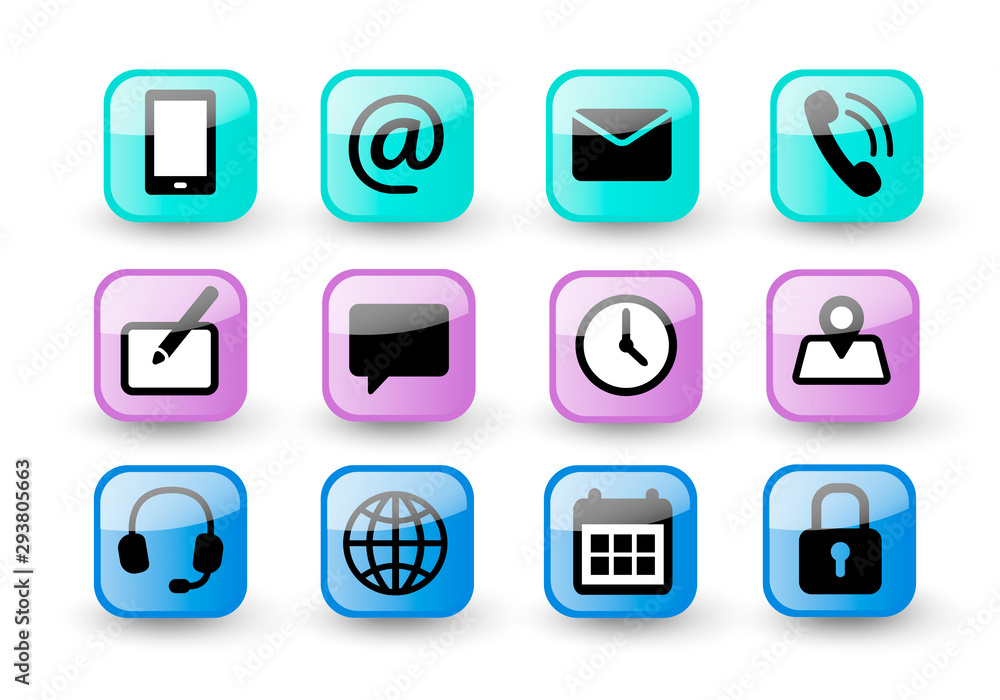 Set of glossy color buttons of contact us and web communacation icons. Simple flat black and color vector icons collection isolated on white background with shadows. Vector eps10 Set of glossy color buttons of contact us and web communacation icons. Simple flat black and color vector icons collection isolated on white background with shadows. Vector eps10