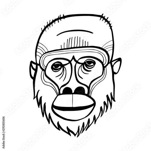 Orangutan face drawing. Line art black vector drawing. Totem animal, tattoo design, symbol.