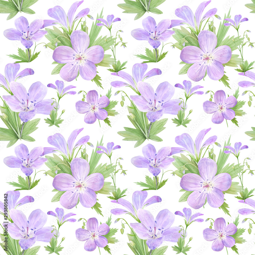 Fototapeta premium Seamless pattern of watercolor geranium flowers. Perfect for web design, cosmetics design, package, textile, wedding invitation, logo