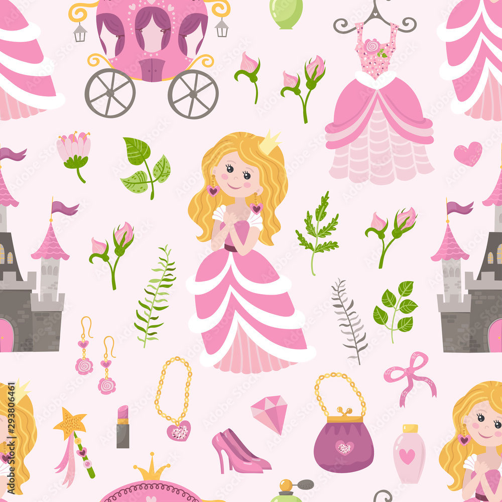 Seamless patern with beautiful princess, castle, carriage and accessories. Seamless patern with beautiful princess, castle, carriage and accessories.