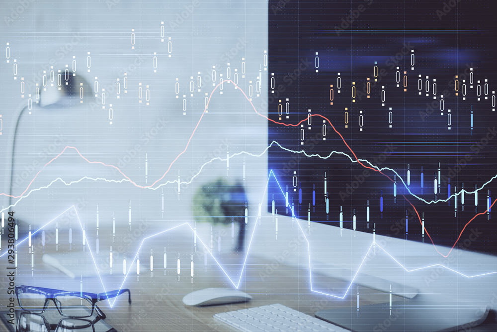 Stock market graph on background with desk and personal computer. Double exposure. Concept of financial analysis. Stock market graph on background with desk and personal computer. Double exposure. Concept of financial analysis.