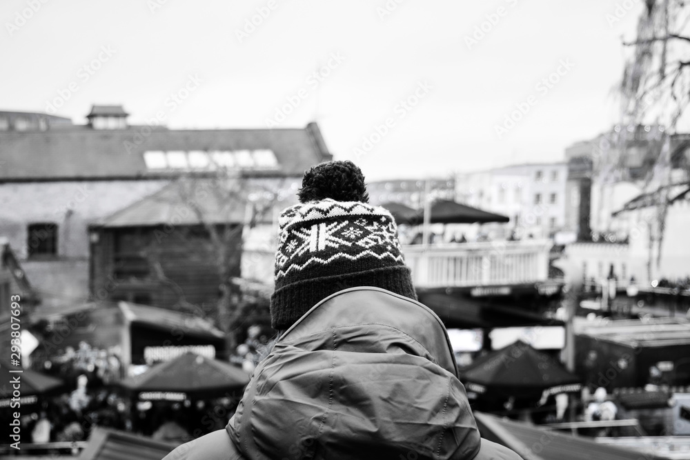 man at Camden Lock in black and white