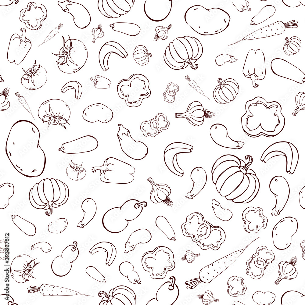 seamless vector vegetable pattern on white backdrop. Hand drawn line art vegetable background. vintage sketch veggies template for print, wallpaper, wrapping paper, package decor, farm goods