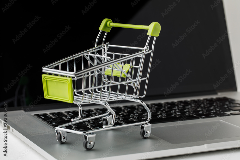 Online shopping and e-Commerce. Basket and laptop on white background.