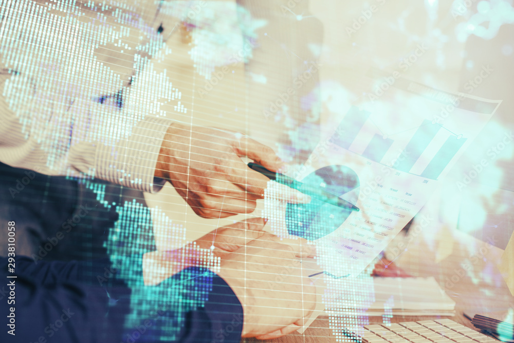 Double exposure of Man writing in notepad with business icons on background. Double exposure of Man writing in notepad with business icons on background.