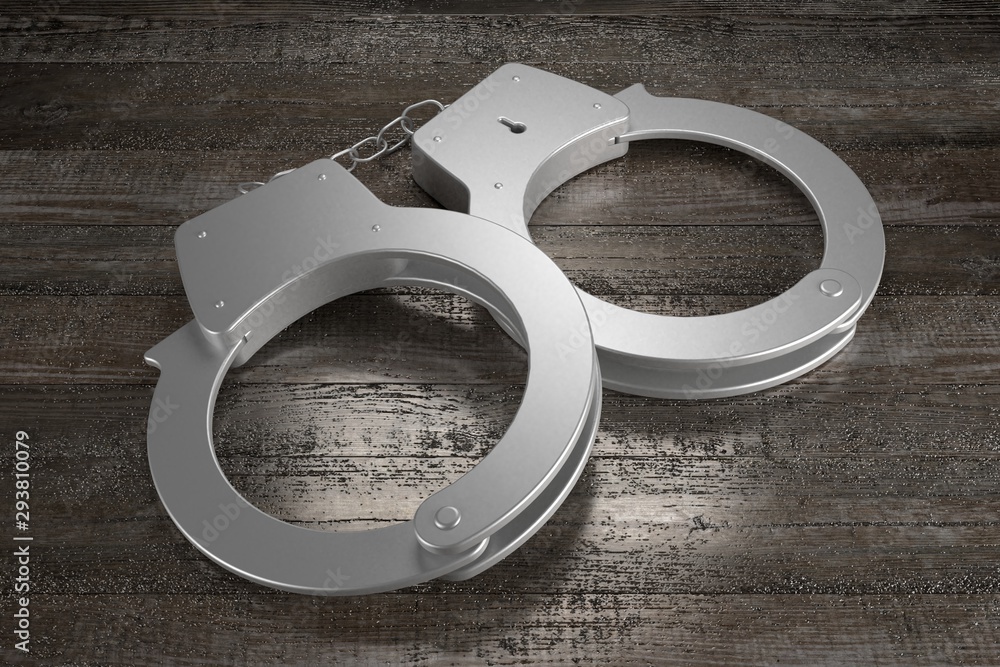3D law, crime concept - handcuffs, wooden background 3D law, crime concept - handcuffs, wooden background