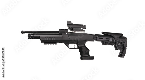 Modern air rifle with folding butt and collimator sight isolate on a white background. Pneumatic rifle isolated on white back.
