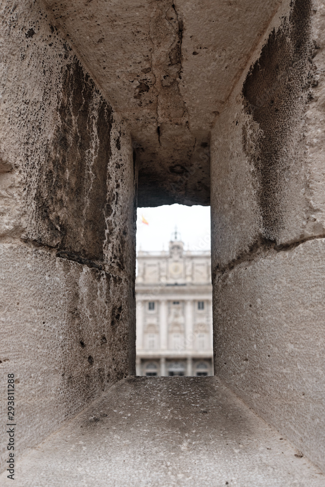 view through the window gate of the Royal Palace of Madrid -spain - travel destination - tourist attraction. view through the window gate of the Royal Palace of Madrid -spain - travel destination - tourist attraction.