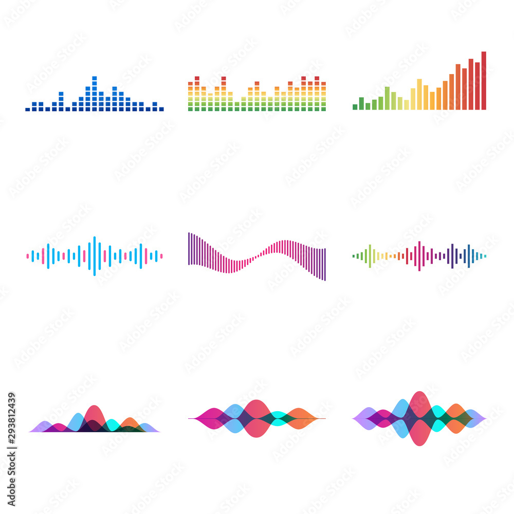 Set of color isolated sound waves on white background.