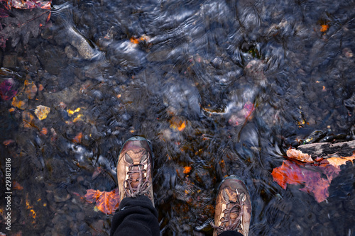 Waterproof hking boots in a stream photo