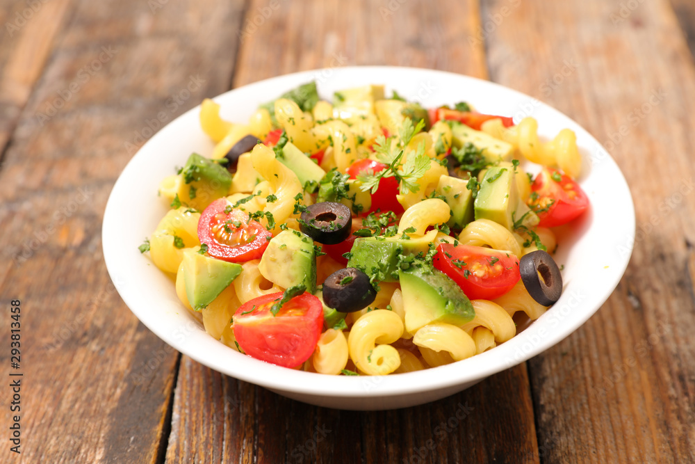 pasta salad with tomato, olive and avocado pasta salad with tomato, olive and avocado