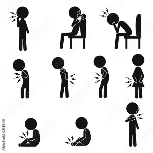 Bodyaches vector set, different common pains areas simple pictograms.