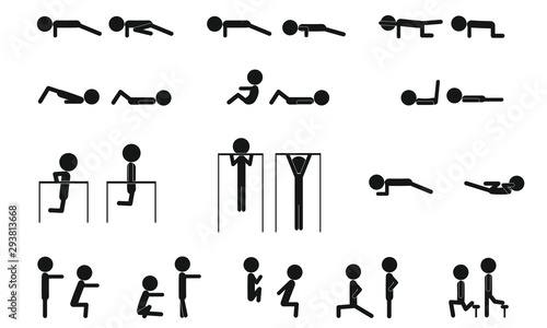 Bodyweight exercises set vector pictograms, isolated simple icons.