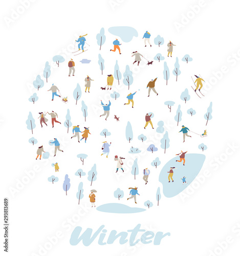Winter park with tiny people flat vector background. Crowd of happy people in warm clothes. Winter outdoor activities - skating, skiing, throwing snowballs, building snowman.