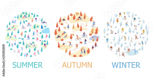Seasons changing - summer, autumn, winter. Publik park with tiny people flat vector background. Crowd of happy people, outdoor activities.
