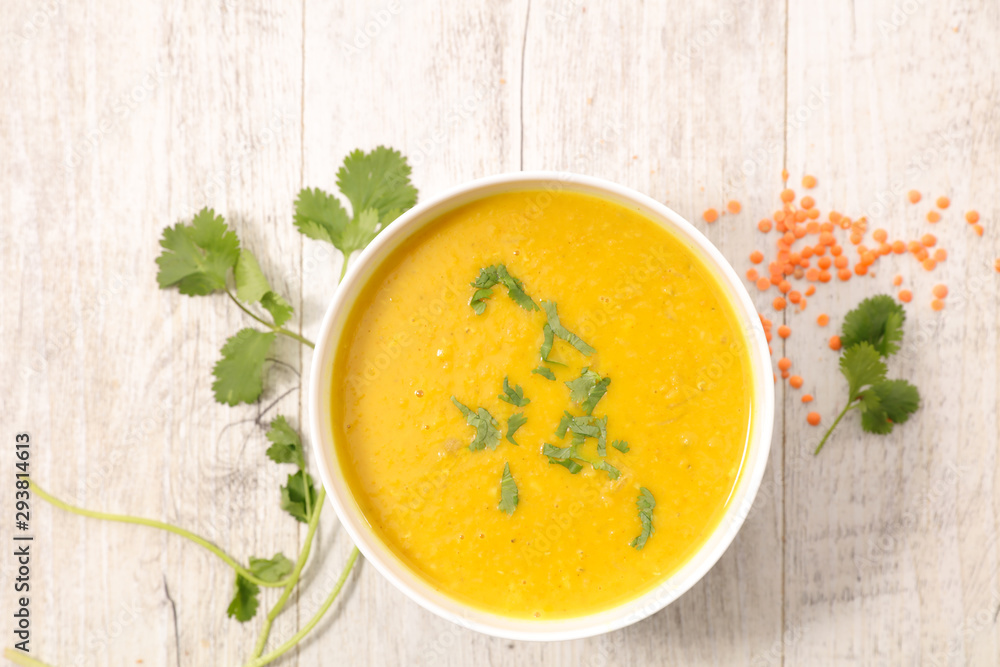 lentil soup with coriander, top view lentil soup with coriander, top view
