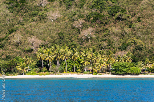 Idyllic palm tree lined beach in the Yasawa island in Fiji