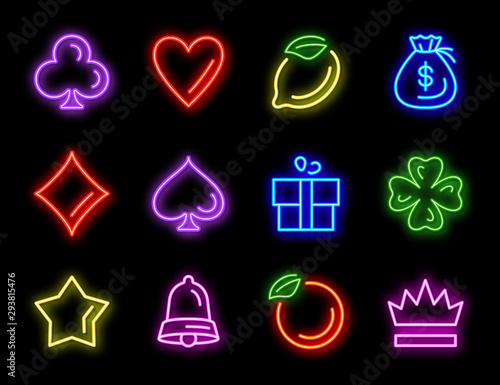 Slot machine neon vector icons for casino gambling on black background