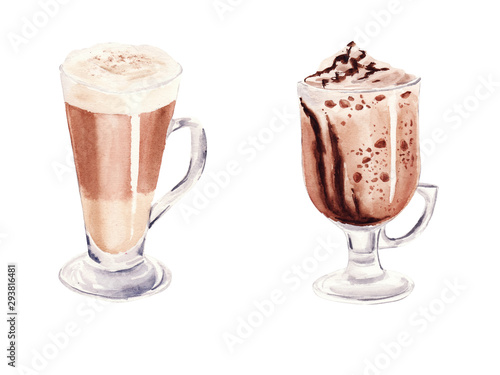 Hand painted Set with Cup of Coffee Latte and Glass of chocolate mocha coffee isolated on white background.