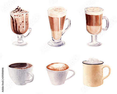 Hand painted Set with Cup of Coffee Latte and Glass of chocolate mocha coffee isolated on white background.