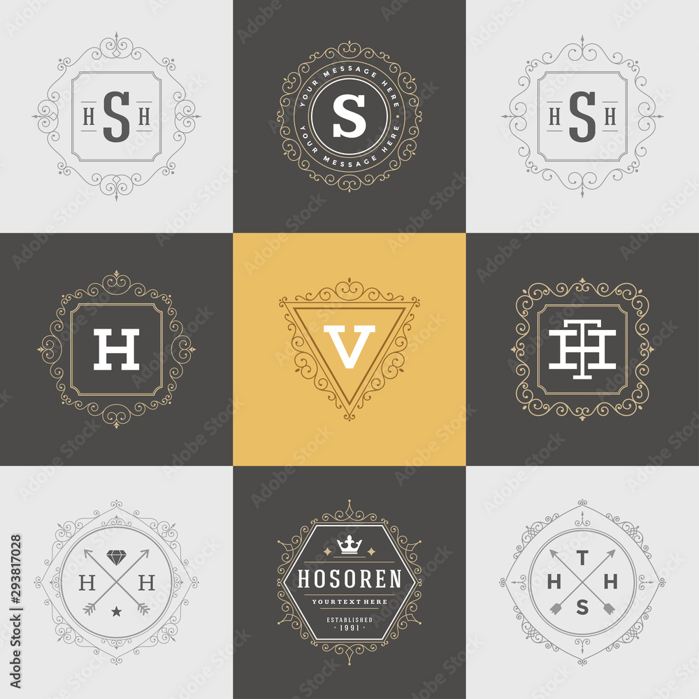 Vintage logos templates set vector flourishes calligraphic elegant ornaments frames and borders