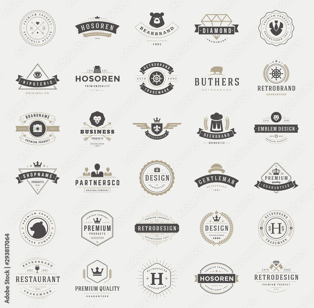 Retro vintage logotypes and badges set typopgraphic design elements vector illustration
