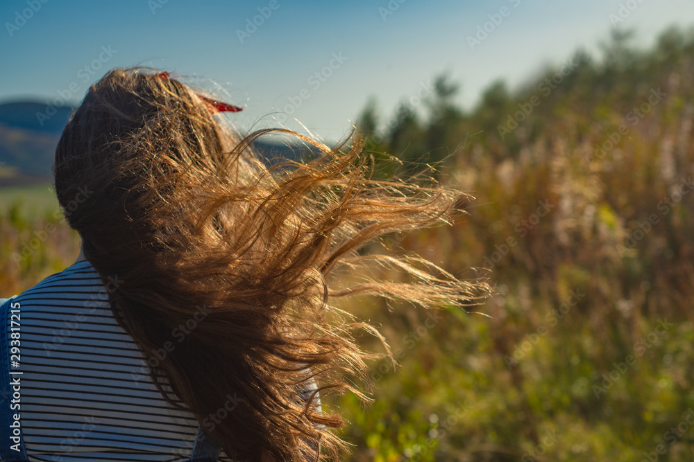 Back View of a Young Woman With Hair Blowing in the Wind While Walking in Nature on a Sunny Day Stock Photo | Adobe Stock Back View of a Young Woman With Hair Blowing in the Wind While Walking in Nature on a Sunny Day Stock Photo | Adobe Stock