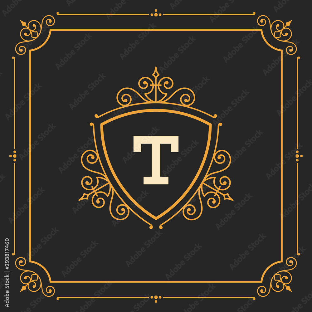 Vintage logo monogram template vector golden elegant flourishes ornaments with ornate frame border design