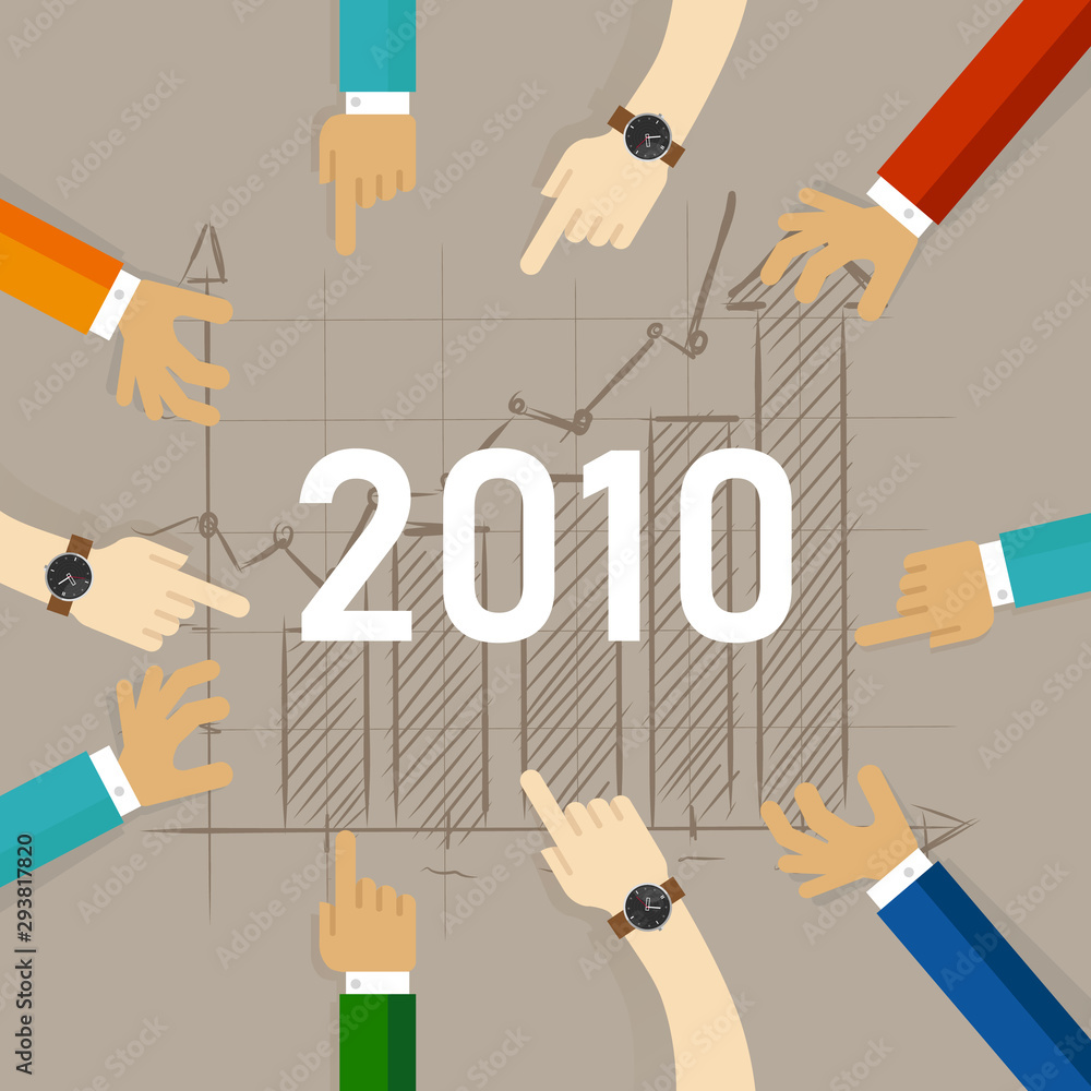Team work together set target growth for 2010. Hands pointing to chart growth