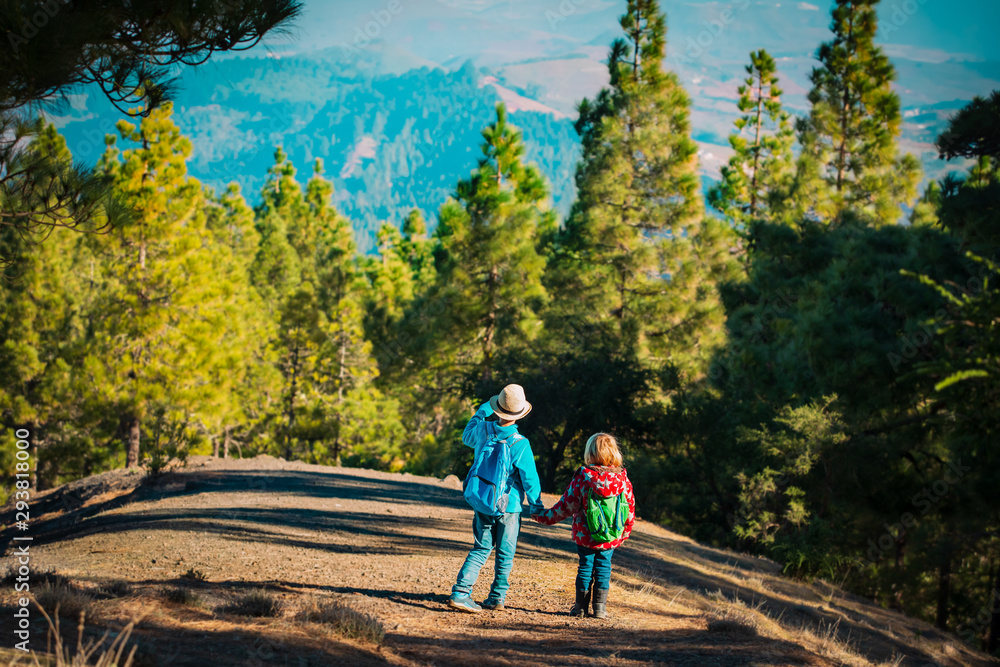 kids -boy and girl -travel in nature, family hiking
