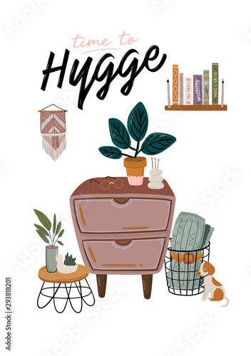 Stylish Scandic living room interior - sofa, armchair, coffee table, plants in pots, lamp, home decorations. Cozy Autumn season. Modern comfy apartment furnished in Hygge style. Vector illustration