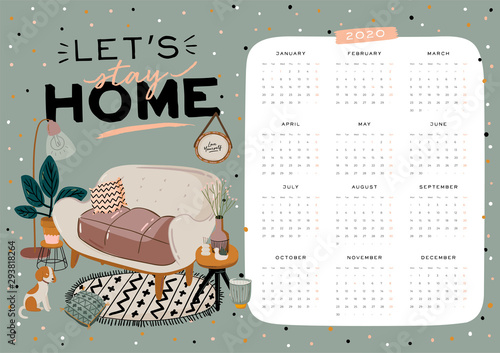 Wall calendar. 2020 Yearly Planner with all Months. Good school Organizer and Schedule. Cute home interior background. Motivational quote lettering. Flat vector illustration in trendy style