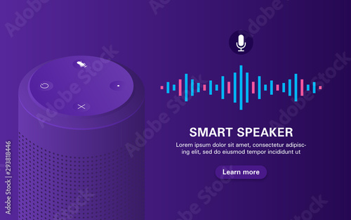 Portable speaker with voice assistant on purple background with logo.