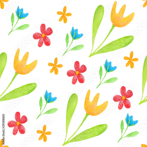 Seamless watercolor pattern with flowers. Yellow tulips. red and blue simple flowers on isolated white background. Simple shapes in retro style.