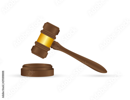 wooden judge gavel and soundboard isolated on white background.
